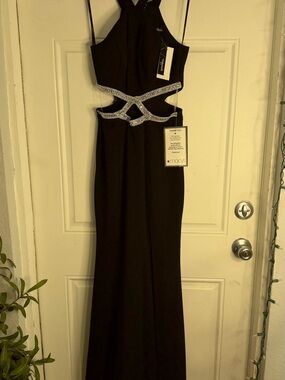 Macy's Black Maxi Dress with Rhinestone Cutout Waist